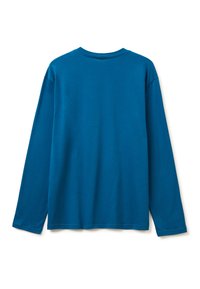 Langarm T-shirt, eenduidige turquoise kleur, ronde halslijn, zacht katoen materiaal, eenvoudig ontwerp zonder patronen of grafische elementen.