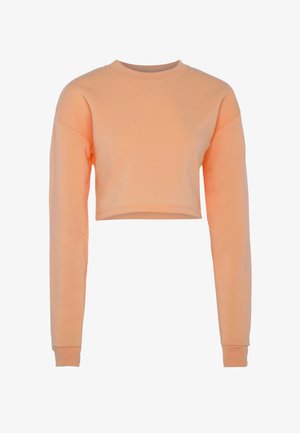 Pfirsichfarbener, verkürzter Sweatshirt mit langen Ärmeln sowie gerippten Bündchen und Halsausschnitt, vor einem weißen Hintergrund präsentiert.