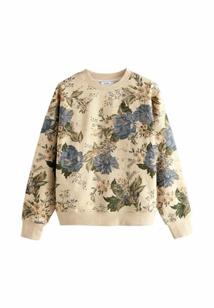 Beżowa bluza z okrągłym dekoltem z niebieskim i zielonym kwiatowym nadrukiem, ściągaczami na mankietach i u dołu, długie rękawy, styl casualowy.