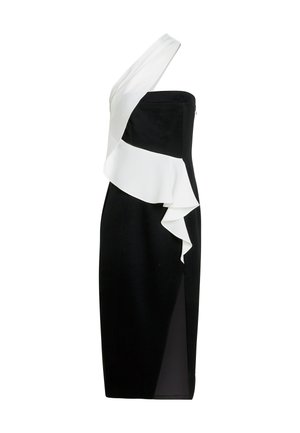 Robe noire avec une bretelle, présentant une accentuation de volants blancs. Design élégant avec une fente latérale. Le tissu a une texture lisse.