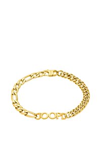 Pulsera de metal tono dorado que presenta eslabones de cadena entrelazados con un acabado pulido y la inscripción "JOOP!" en un eslabón sólido.
