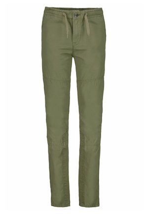 Zielone spodnie z bawełny o średnim stanie, z elastycznym paskiem w talii, sznurkiem oraz panelami na kolanach. Posiadają zapięcie na guzik i prostą nogawkę.