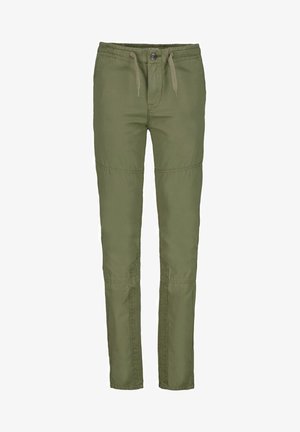 Zielone spodnie z bawełny o średnim stanie, z elastycznym paskiem w talii, sznurkiem oraz panelami na kolanach. Posiadają zapięcie na guzik i prostą nogawkę.