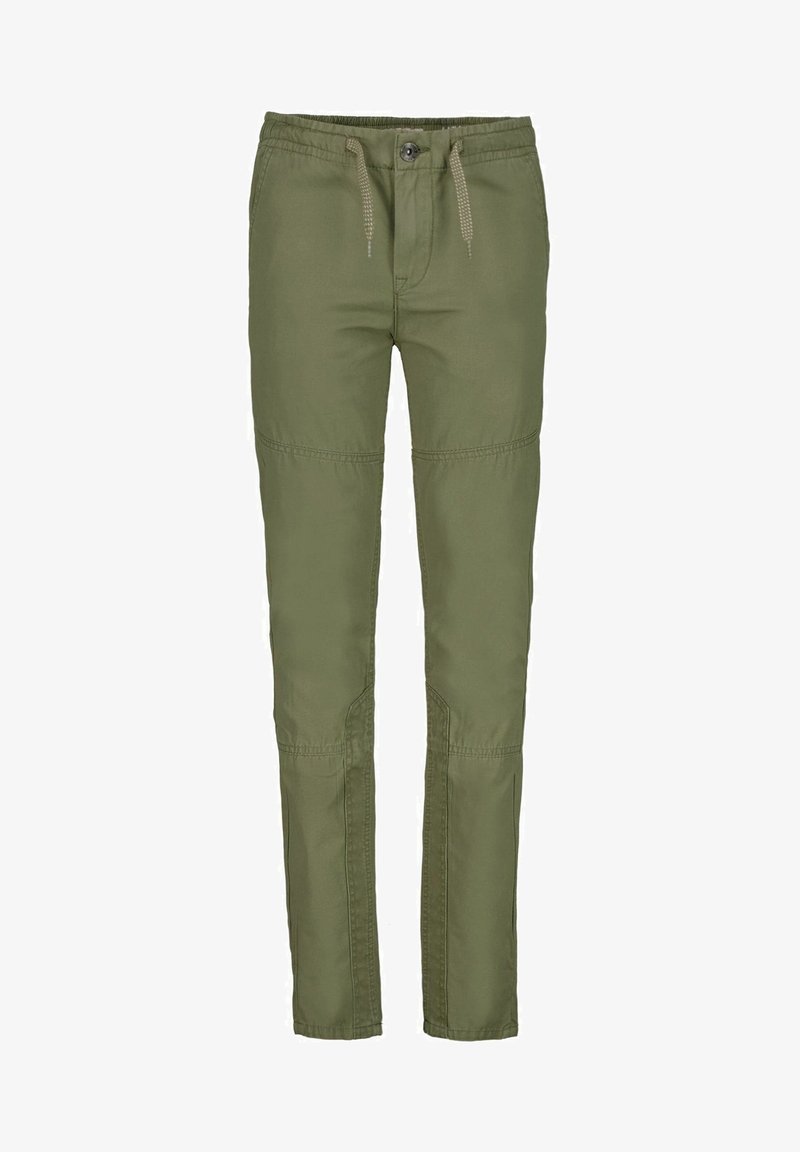 Pantalon en mélange de coton vert avec une taille élastique mi-haute, un cordon de serrage et des panneaux au niveau des genoux. Doté d'une fermeture à bouton et d'une coupe droite.