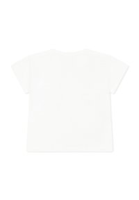 Maglietta bianca a maniche corte con scollo rotondo, caratterizzata da una superficie di cotone liscia e da un design semplice e privo di decorazioni o grafiche.