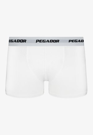 White boxer briefs with a soft cotton blend. Features a gray waistband with black "PEGADOR" lettering and standard stitching details.