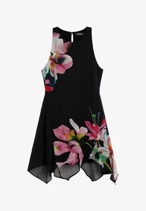 Black sleeveless dress with a floral pattern in pink, white, and green. Features an asymmetrical hem and a keyhole back closure.