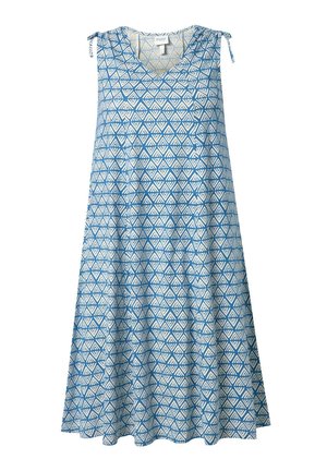 Mouwloze blauw-witte A-lijn jurk met geometrisch driehoekmotief en strikbandjes op de schouders.