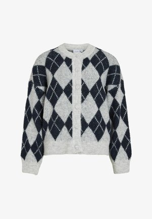 Cardigan tricoté présentant un motif losange en bleu marine et gris, col rond, et fermeture par boutons. Texture douce avec poignets côtelés.