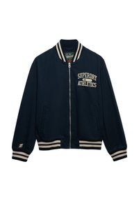 Giacca bomber blu navy con strisce crema sul colletto e sui polsini. Presenta una ricamatura "Superdry Athletics" sul petto e due tasche laterali.