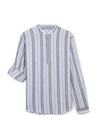 Camicia bianca a maniche lunghe con righe verticali grigie. Presenta un colletto rotondo, un'apertura con bottoni e polsini arrotolati. Tessuto leggero.