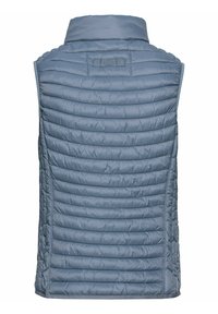 Leichte, blaue Steppweste mit horizontaler Steppstruktur, hohem Kragen und Logo im Rücken. Mit seitlichen Reißverschlüssen, ohne Ärmel.