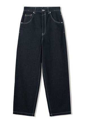 Temno modri trši jeans s belim kontrastnim šivom, sprednjim gumbom, zadrgo in pettakšnim dizajnom.