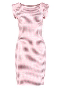 Robe ajustée de couleur rose clair avec un motif en carreaux de rose plus foncé. Manches courtes à capuchon et encolure ronde, faite d'un tissu lisse.