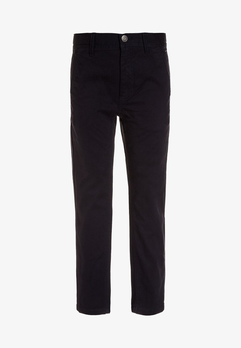 Chino neri in cotone con vestibilità slim, parte anteriore piatta, chiusura con bottone e due tasche laterali. Texture liscia e dettagli di cucitura minimi.