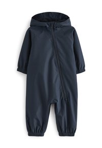 Combinaison imperméable bleu marine, avec une fermeture éclair frontale intégrale, des poignets élastiques et une capuche. Texture lisse, conçue pour une utilisation en extérieur.