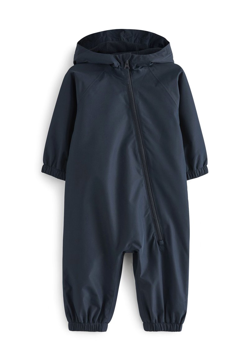 Combinaison imperméable bleu marine, avec une fermeture éclair frontale intégrale, des poignets élastiques et une capuche. Texture lisse, conçue pour une utilisation en extérieur.