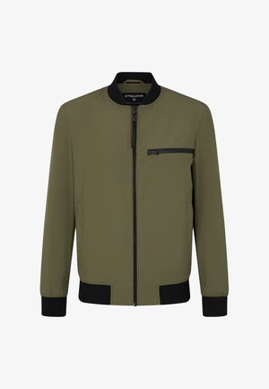 Olivgrüne Bomberjacke, leichtes Material, gerippter schwarzer Kragen und Bündchen, frontaler Reißverschluss, seitliche Taschen und eine Reißverschlusstasche auf der Brust.