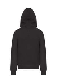 Svart hettegenser med høy krage og hette. Har lange ermer, ribbestrikkede mansjetter og ribbestrikket nederkant. Glatt stoffstruktur, minimalistisk design.