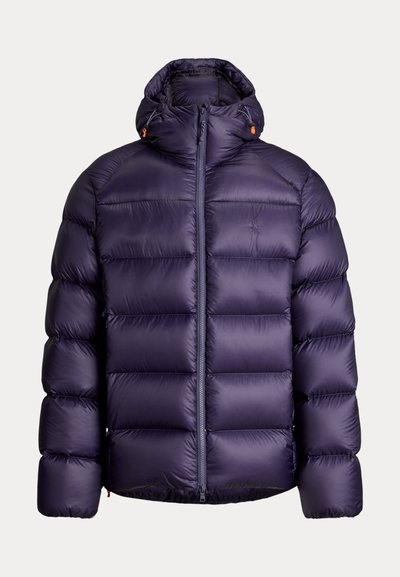 Dark purple puffer jacket with hood, horizontal quilting, full front zipper, and adjustable drawstrings on the hood.