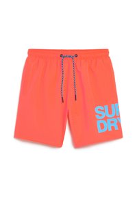 Felle neon oranje zwembroek met een elastische tailleband, blauwe trekkoord en grote "SUPER DRY" grafiek in het blauw op het linkerpand.
