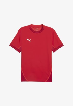 Rood sportshirt van synthetisch materiaal, met korte mouwen, ronde halslijn en wit logo op de borst en mouwen.