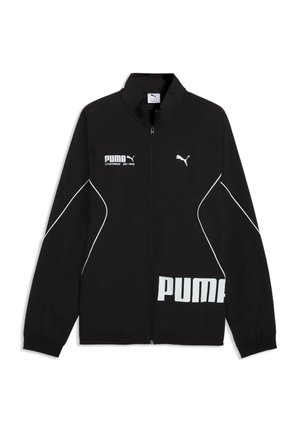 Giacca sportiva Puma nera con zip integrale, bordature bianche, polsini elastici, loghi Puma sul petto e grande scritta bianca "PUMA" nella parte bassa davanti.