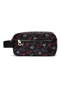 Borsa cosmetica in tessuto nero con un motivo floreale di rose rosse, rosa e viola con foglie verdi, chiusura con zip e manico laterale.