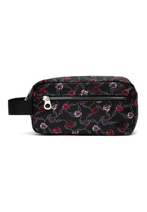 Borsa cosmetica in tessuto nero con un motivo floreale di rose rosse, rosa e viola con foglie verdi, chiusura con zip e manico laterale.