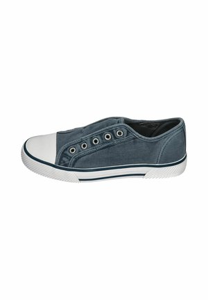 Casual dark blue canvas slip-on sneaker with white rubber toe cap and sole, metal eyelets, and side stripe detail.