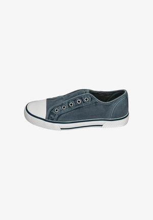 Casual dark blue canvas slip-on sneaker with white rubber toe cap and sole, metal eyelets, and side stripe detail.