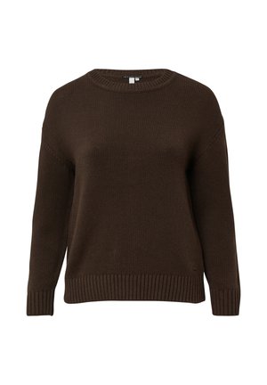 Maglione marrone a maglia con scollo rotondo, spalle scese e polsini e orlo a costine. La trama appare morbida e spessa.