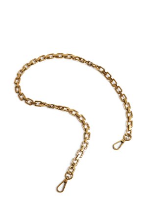 Gold metal chain with rectangular links, featuring two clip closures at each end. Smooth texture with a polished finish.
