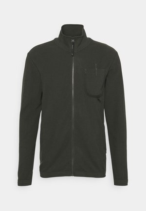 Dark green full-zip fleece jacket with high collar and single chest pocket on the left side.