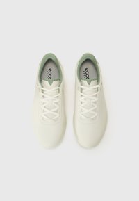 Baltas sneakers ar gludu ādas virsmu, zaļu sieta apkakli un saišu dizainu. Iespējams, perforācija un diskrēts logo uz mēles.