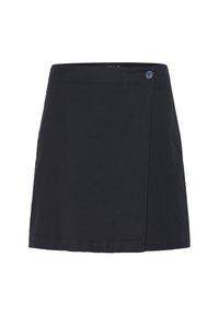 Jupe noire avec un design simple et ajusté. Elle possède une fermeture à bouton sur le côté, est fabriquée dans un tissu lisse et a un ourlet qui tombe juste au-dessus du genou.