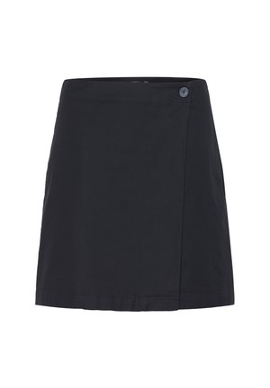 Falda negra con un diseño simple y ajustado. Presenta un cierre lateral con botones, está confeccionada en una tela suave y tiene un dobladillo que cae justo por encima de la rodilla.