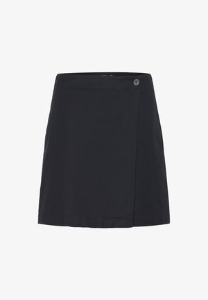 Fekete szoknya egyszerű, testhezálló szabással. Oldalán gombos záródással rendelkezik, sima anyagból készült, és a szegélye éppen térd felett végződik.