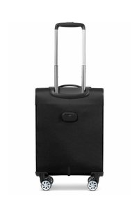 Zwarte koffer op wielen met een gestructureerd oppervlak, intrekbare handgreep en vier zwenkwielen. Voorzien van een zijhandgreep en een afsluitbare gesp.