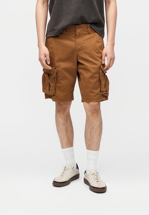 Osoba ubrana w brązowe krótkie spodnie typu cargo, białe skarpetki, beżowe trampki i ciemnoszarą koszulkę, stojąca na tle jednolitego białego tła.