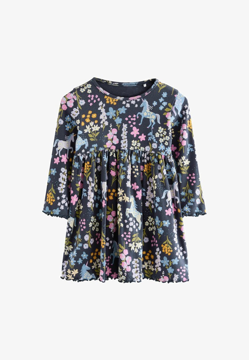 Dark blue toddler dress with long sleeves, featuring a colorful floral and unicorn print and a gathered waist.