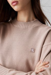 Miękki, beżowy sweter z dzianiny o prążkowanym dekolcie i małej, subtelnej naszywce z logo na klatce piersiowej. Gładka tekstura i luźny krój.