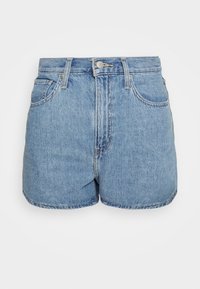 Light blue denim shorts with a high waist, five-pocket design, and a zip fly with button closure. Distressed texture on fabric.