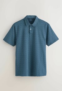 Tumši zila īsroku polo kreklu ar ģeometrisku rakstu. Aprīkots ar apkakli, trīs pogu aizdares plāksni un mīkstu auduma tekstūru.