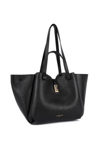 Sac fourre-tout en cuir texturé noir avec double anse d'épaule, fermoir doré et petit logo doré "Lancaster Paris" sur le devant.