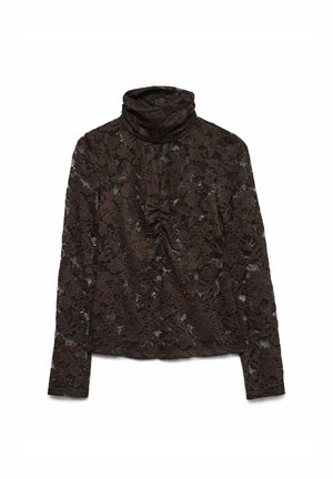 Donkerbruine kant turtleneck top met lange mouwen, featuring bloemenpatronen en geplooide details aan de voorkant voor textuur.