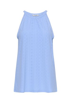 Šviesiai mėlyna be rankovių palaidinė su aukšta apykakle ir akių nėrinių audinio raštu, laisvo kirpimo ir subtilių tekstūros detalių.