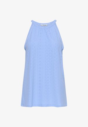 Šviesiai mėlyna be rankovių palaidinė su aukšta apykakle ir akių nėrinių audinio raštu, laisvo kirpimo ir subtilių tekstūros detalių.