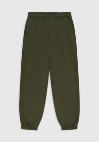 Olijfgroene trainingsbroek gemaakt van een zachte stof, met een elastische tailleband, zijzakken en gerimpelde enkels.