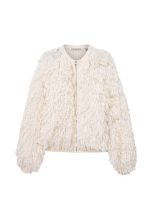 Veste bomber blanche en fausse fourrure moelleuse, avec une fermeture éclair à l'avant, un col côtelé et une surface texturée. Présente des manches volumineuses et un design court.